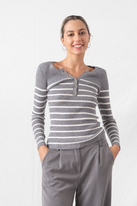 RIBBED STRIPED SWEATER WITH V-NECK 58919 RIBBED STRIPED SWEATER WITH V-NECK 58919